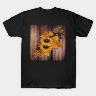 Sunflowers Rustic Floral on Wood Barn Look Background with Pattern Sunflower T-Shirt